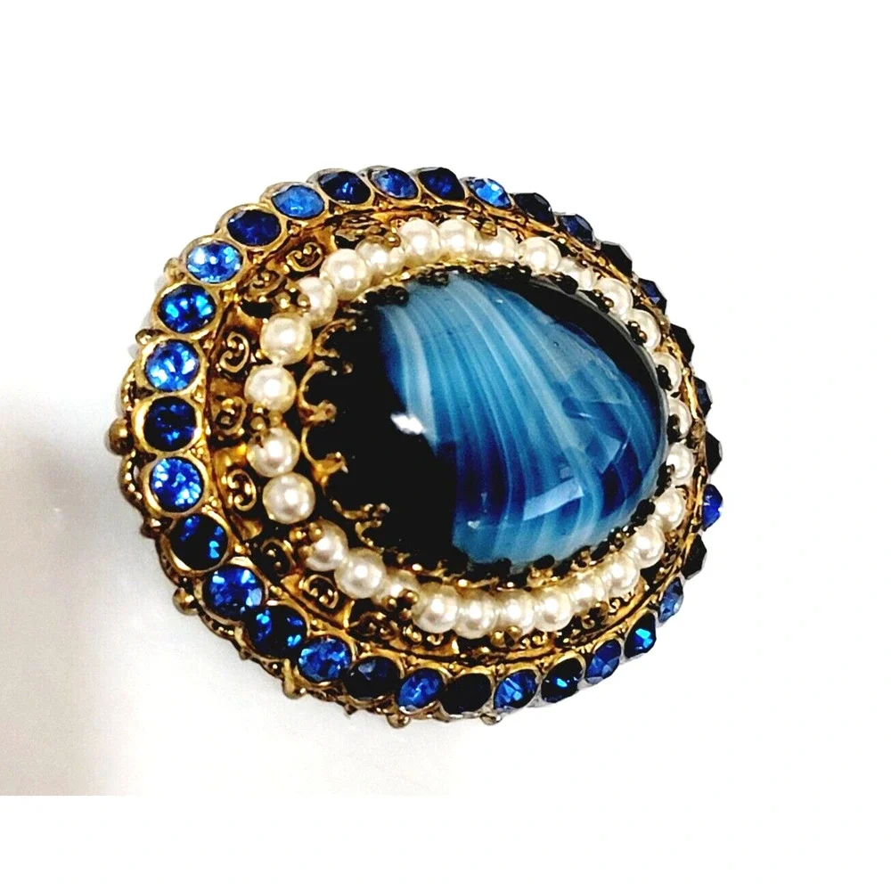 Stunning Blue Slag Glass Brooch Pin Rhinestones 2